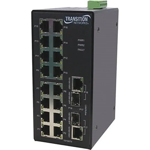 Lantronix SISTM1040-262D-LRT-B Network Switch, Managed Hardened Fast Ethernet Switch, (16) 10/100Base-TX Ports (2) 10/100/1000Base-X SFP/RJ-45 Combo Ports