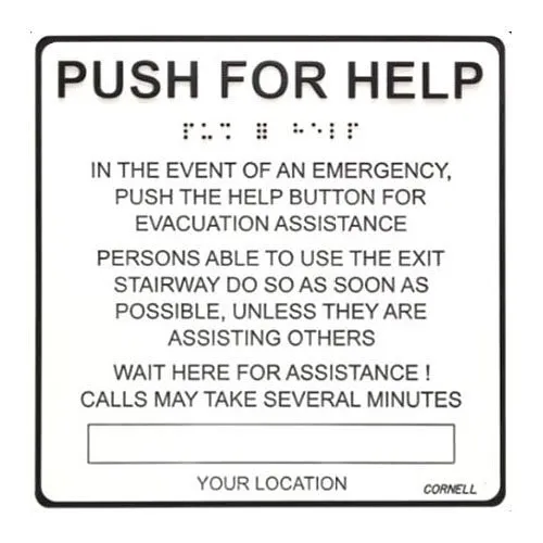 Cornell SN-C48 Sign, Instructions, Luminescent, Push for Help 8" 8"
