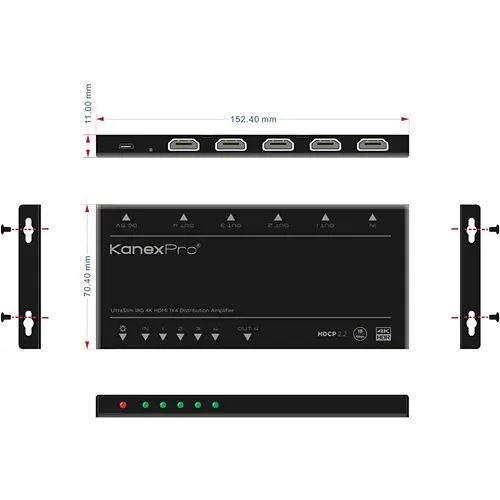 Kanex SP-1X4SL18G Ultraslim 4K HDMI 1x4 Splitter with 4:4:4 Color Space & 18G, Single Splitter, HDCP 2.2 Compliant, Black