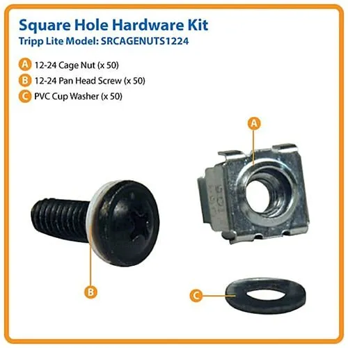Tripp Lite SRCAGENUTS1224 SmartRack Square Hole Hardware Kit with 50-Piece 12-24 Screws and Washers