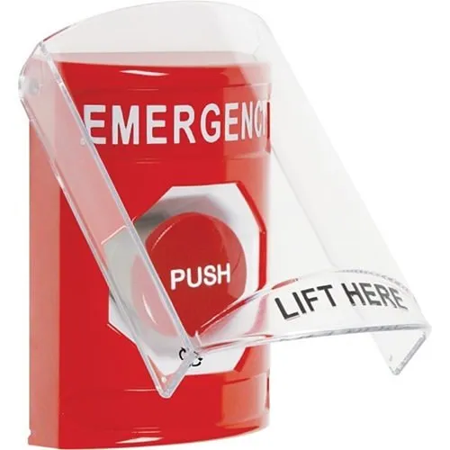 STI SS2021EM-EN Stopper Station Push Button with Stopper Station Shield, "Emergency" Label, Turn-to-Reset Button, Red