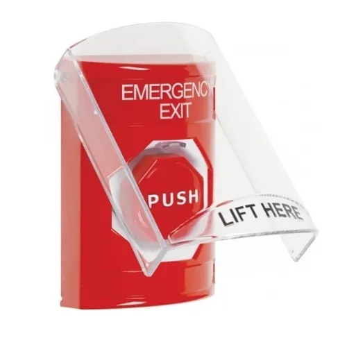 STI SS2028EX-EN Stopper Station Button with Shield, Pneumatic Illuminated, EMERGENCY EXIT Label, Red