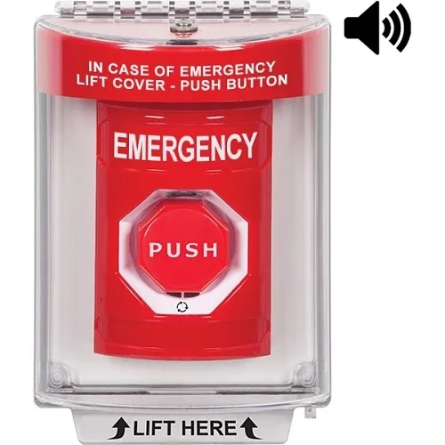 STI SS2049EM-EN Turn-to-Reset Stopper Station with Horn, Illuminated, Indoor / Outdoor, EMERGENCY Label in English, Flush Mount, Red