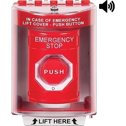 STI SS2089ES-EN Stopper Station Button, with Universal Stopper Cover, Horn, Surface Mount, Turn-to-Reset Illuminated, EMERGENCY STOP label, Red