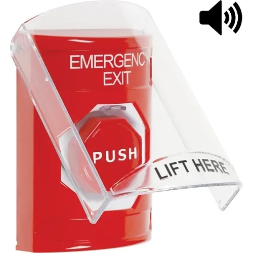 STI SS20A8EX-EN Stopper Station Button with Shield and Sound, Pneumatic Illuminated, EMERGENCY EXIT Label, Red