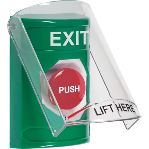 SS2121XT-EN Stopper Station Button with Shield, Turn-to-Reset, EXIT Label, Green