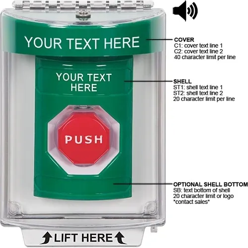 STI SS2145ZA-EN Stopper Station with Horn, Momentary, Flush Mount, Indoor / Outdoor, Custom Text Label, Green