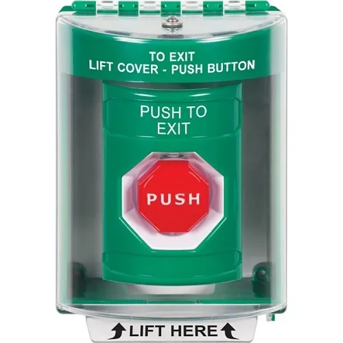 STI SS2178PX-EN Green Indoor / Outdoor Surface Pneumatic (Illuminated) Stopper Station with PUSH TO EXIT Label