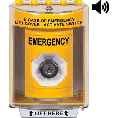 STI SS2283EM-EN Stopper Station Button with Universal Stopper Cover, Horn, Surface Mount, Key-to-Activate, EMERGENCY Label, Yellow