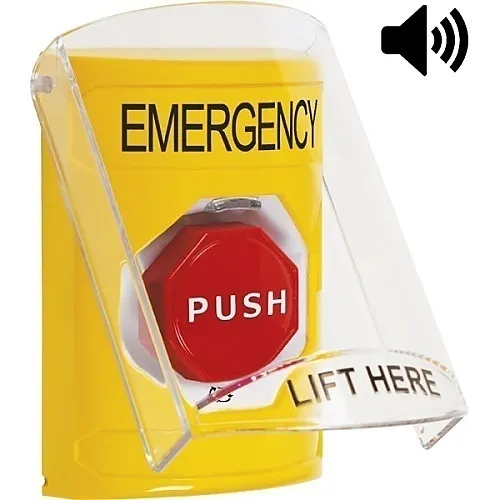 STI SS22A9EM-EN Stopper Station Button with Shield and Sound, Turn-to-Reset Illuminated, EMERGENCY Label, Yellow
