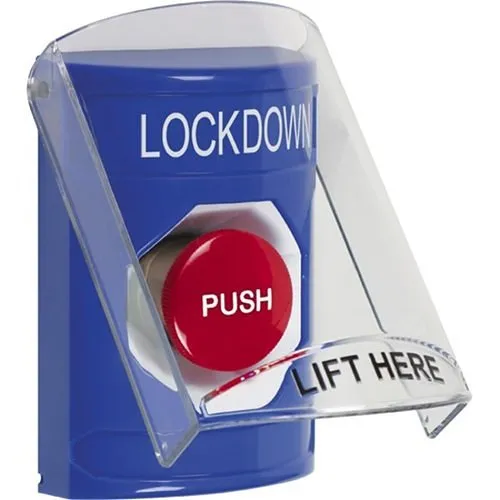 STI SS2424LD-EN Stopper Station with Shield, Indoor, Flush or Surface, Momentary, 'LOCKDOWN' English Label, Blue