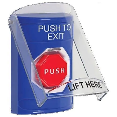 STI SS2428PX-EN Indoor Only Flush or Surface Pneumatic, Illuminated, Stopper Station with Push to Exit, Blue