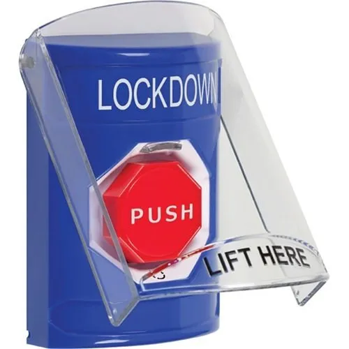 STI SS2429LD-EN Stopper Station with Shield, Indoor, Flush or Surface, Turn-to-Reset Illuminated, 'LOCKDOWN' English Label, Blue