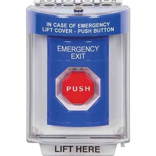 STI SS2448EX-EN Stopper Station Push Button with Universal Stopper Cover with Horn, Pneumatic, LED, "Emergency" Exit Label, Blue