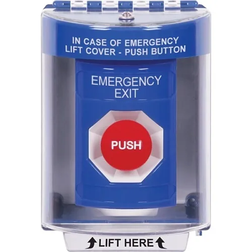 STI SS2474EX-EN Stopper Station with Universal Cover, Indoor / Outdoor, Surface Mount, Momentary, 'EMERGENCY EXIT' English Label, Blue