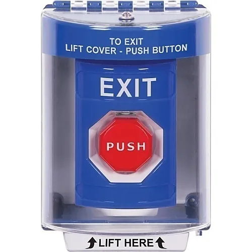 STI SS2475XT-EN Stopper Station with Universal Cover, Indoor / Outdoor, Surface Mount, Momentary Illuminated (Bar), 'EXIT' English Label, Blue
