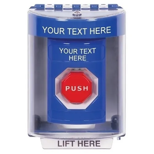 STI SS2475ZA-EN Indoor / Outdoor Surface Momentary Illuminated Stopper Station with Non-Returnable Custom Text Label English, Blue