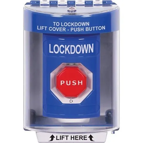 STI SS2479LD-EN Stopper Station with Universal Cover, Indoor / Outdoor, Surface Mount, Turn-to-Reset Illuminated, 'LOCKDOWN' English Label, Blue
