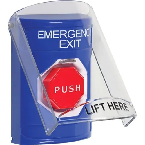 STI SS24A8EX-EN Indoor Only Flush or Surface with Horn Pneumatic, Illuminated, Stopper Station with EMERGENCY EXIT, Blue
