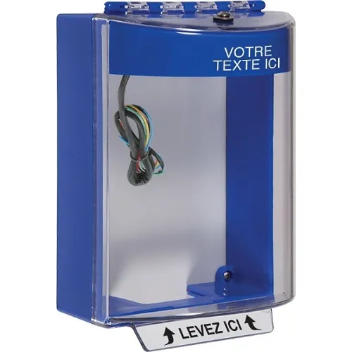 STI-13230CB-FR Universal Stopper Dome Cover, Surface Mount, Label Hood with Horn, Custom Label, French, Blue