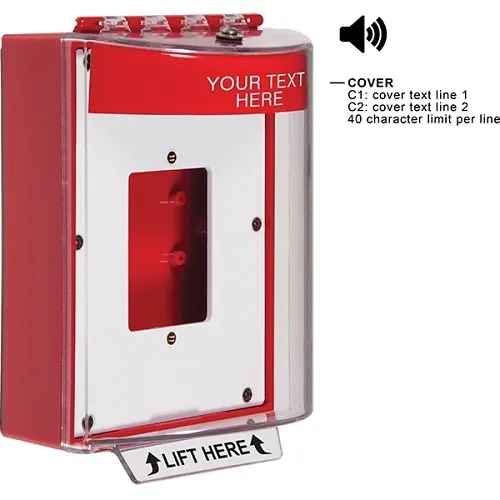 STI-13520CR Universal Stopper Dome Cover Enclosed Back Box, Open Mounting Plate and Hood with Horn, Custom Label, Non-Returnable, Red