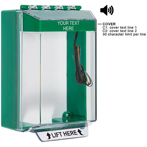 STI-14230CG Universal Stopper Low Profile Cover and Hood with Horn and Relay, Surface Mount, Custom Label, Green