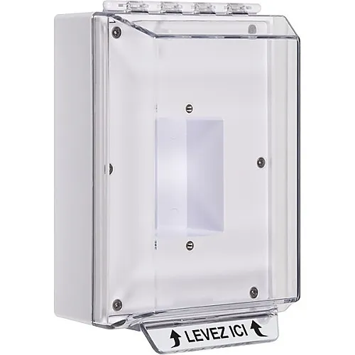 STI-14400NW-FR Universal Stopper Low Profile without Horn Housing, Enclosed Back Box, Sealed Mounting Plate, No Label Included, French, White