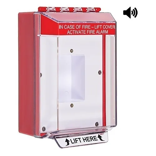STI 14420FR Universal Stopper Housing with Hood and Horn, Enclosed Back Box, Sealed Mounting Plate, Fire Label, Red