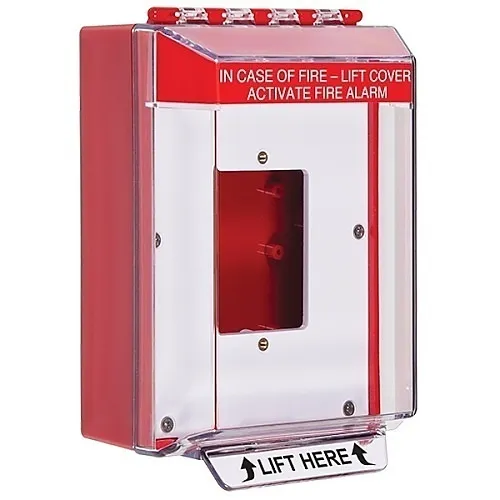 STI 14510FR Universal Stopper Housing with Hood, Enclosed Back Box, Open Mounting Plate, Fire Label, Red