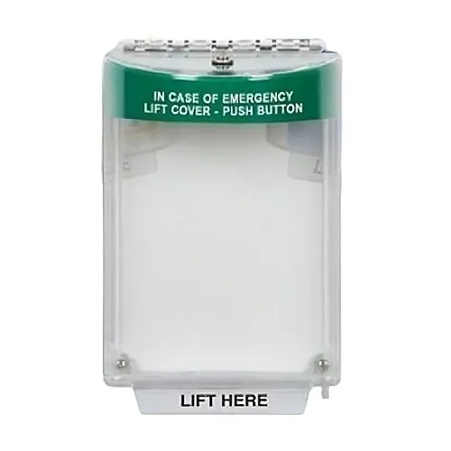 STI-14520CG Universal Stopper Low Profile Cover with Horn, Enclosed Back Box, Open Mount Plate, Custom Label, Green