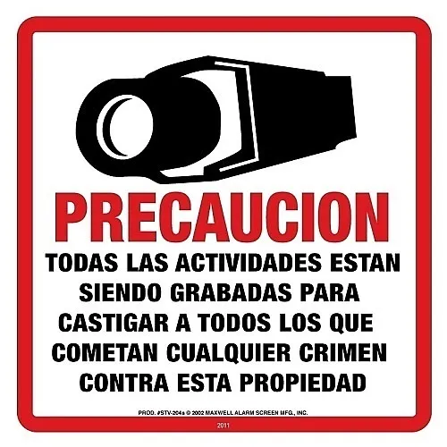 Maxwell STV204S Alarm CCTV Warning Sign, 11.5"x11.5", Spanish Version