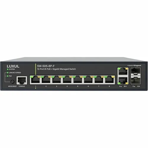 Luxul SW-505-8P-F 8 PoE+/2 RJ45/2 SFP Front-Facing Ports, 1Gb L2/L3 Managed Switch, US Power Cord