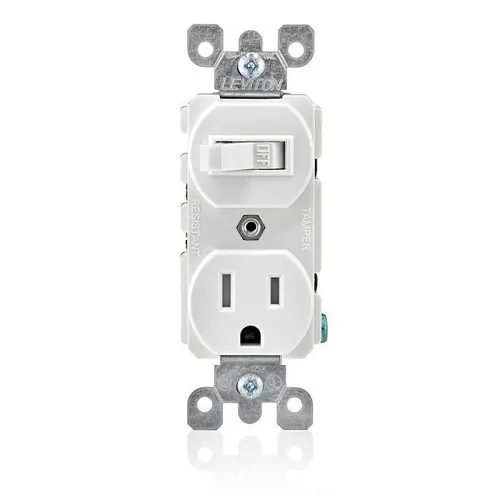 Leviton T5225-W Tamper-Resistant Outlet / Receptacle, 15A, 120V, Duplex Style Single-Pole / 5-15R AC Combination Switch, Commercial Grade, Grounding, Side Wired, White