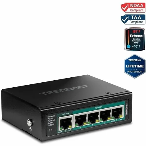 TRENDnet TI-B541 5-Port Industrial Gigabit PoE++ Powered DIN-Rail Switch with PoE Pass-Through