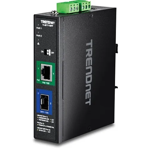 TRENDnet TI-BF711SFP Industrial 10G SFP+ to 10G PoE++ Media Converter with DIN-Rail, Up to 95W