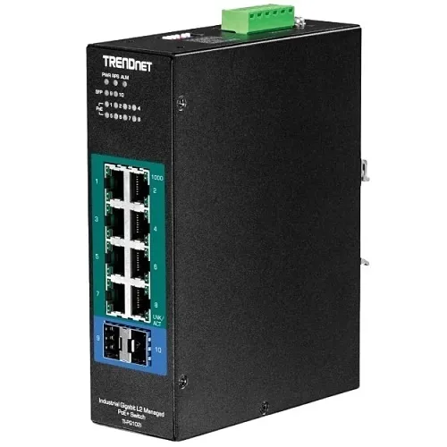 TRENDnet TI-PG102I 10-Port Industrial Gigabit L2 Managed PoE+ DIN-Rail Switch, 24-57V