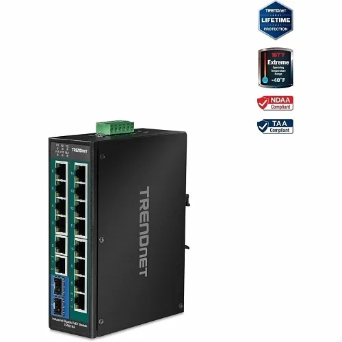 TRENDnet TI-PG162 16-Port Hardened Industrial Unmanaged Gigabit PoE+ DIN-Rail Switch