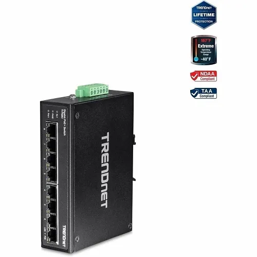 TRENDnet TI-PG80 8-Port Hardened Industrial Gigabit PoE+ DIN-Rail Switch, 16Gbps
