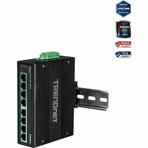 TRENDnet TI-PG80B 8-Port Hardened Industrial Unmanaged Gigabit 10/100/1000mbps DIN-Rail Switch W/ X Gigabit PoE Ports; Ti-Pg80b; 24 56v DC Power Inputs with Overload Protection