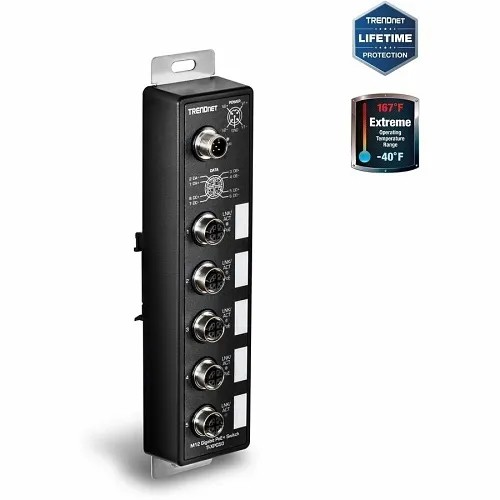 TRENDnet TI-XPG50 Industrial Specialty Switch, 4-Port M12 Gigabit PoE+, 1-Port M12 Gigabit, 120W at 56V DC PoE Budget