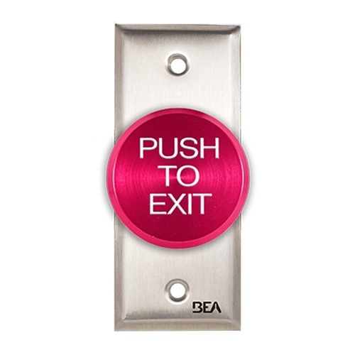 BEA 10ACPBDA1 Pneumatic Push Button, Jamb Plate, Oversized 2" Red button, Push to Exit Text, 2.5 AMP 12 to 24V AC/DC