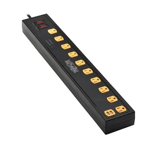 Eaton Tripp Lite TLP1010USB 10-Outlet Surge Protector with Swivel Light Bars, 5-15R Outlets, 2-USB Ports, 4500 J, 10' (3m) Cord, Black