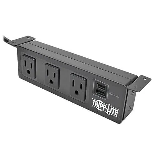Tripp Lite TLP310USBS Protect It! 3-Outlet Surge Protector with Mounting Brackets, 10' Cord, 510 Joules, 2 USB Charging Ports, Black Housing