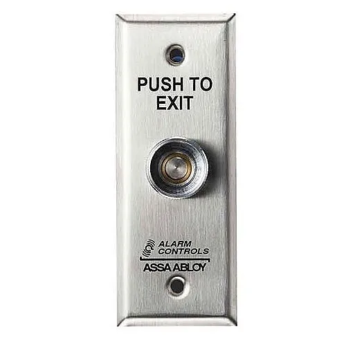 Alarm Controls TS-15 Request to Exit Station with Pneumatic Timer on Narrow 1-3/4" Wall Plate, 1/4" Push Button, Guard Ring, 302 Stainless Steel