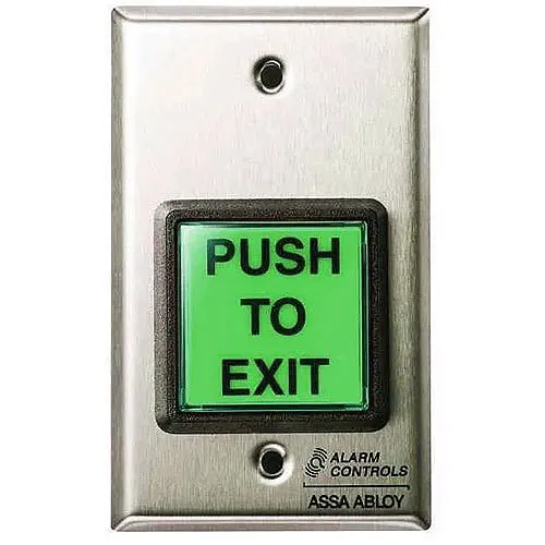 Alarm Controls TS-2-2 Request to Exit Station, 2" Green Square Push Button, Momentary DPDT Output, Single Gang, 430 Stainless Steel