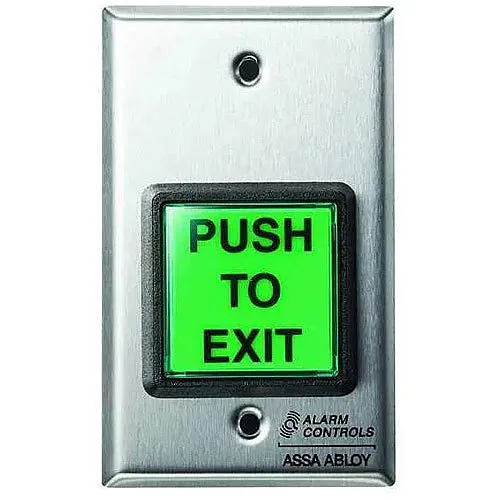 Alarm Controls TS-2-2T Request to Exit Station with Electronic Timer, 2" Green Square Push Button, SPDT Outputs, Single Gang, 430 Stainless Steel