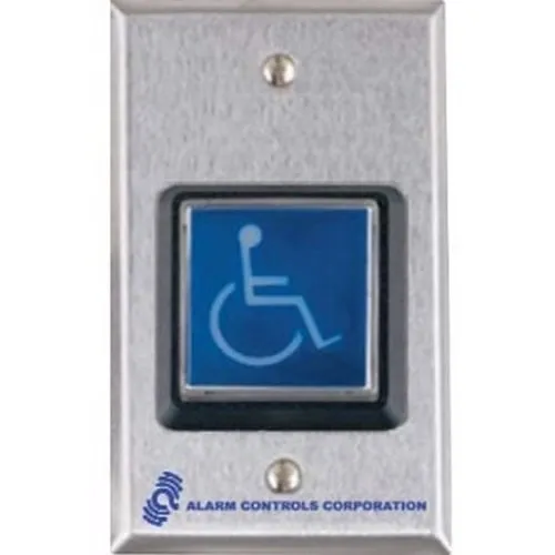Alarm Controls TS-4-2T Request to Exit Station with Momentary DPDT Output, 2" Blue Square Push Button, ADA Symbol, Single Gang, 430 Stainless Steel