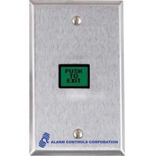 Alarm Controls TS-7L Request to Exit Station, 5/8" 7/8" Green Rectangular Push Button, Latching Action Switch, Single Gang, 430 Stainless Steel