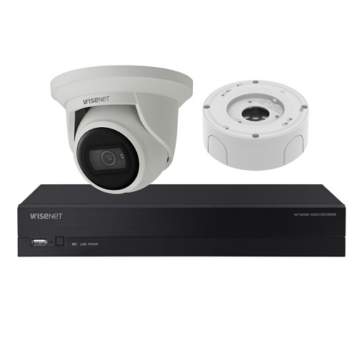 Hanwha ARK-AE44012R Kit with 1x ARN-410S-2TB Wisenet A Series 4-Channel 4K PoE with 2TB, 4x ANE-L6012R 2MP Wisenet Super-Compact IR Flateye Camera and 4x SBV-A14B Back Box, White