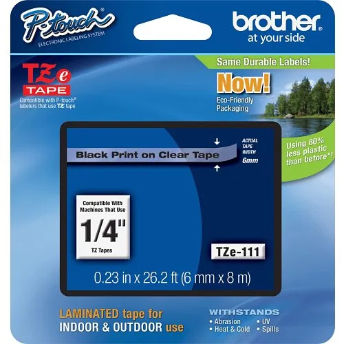 Brother TZE111 TZe Tape, Black on Clear Laminated Tape mm